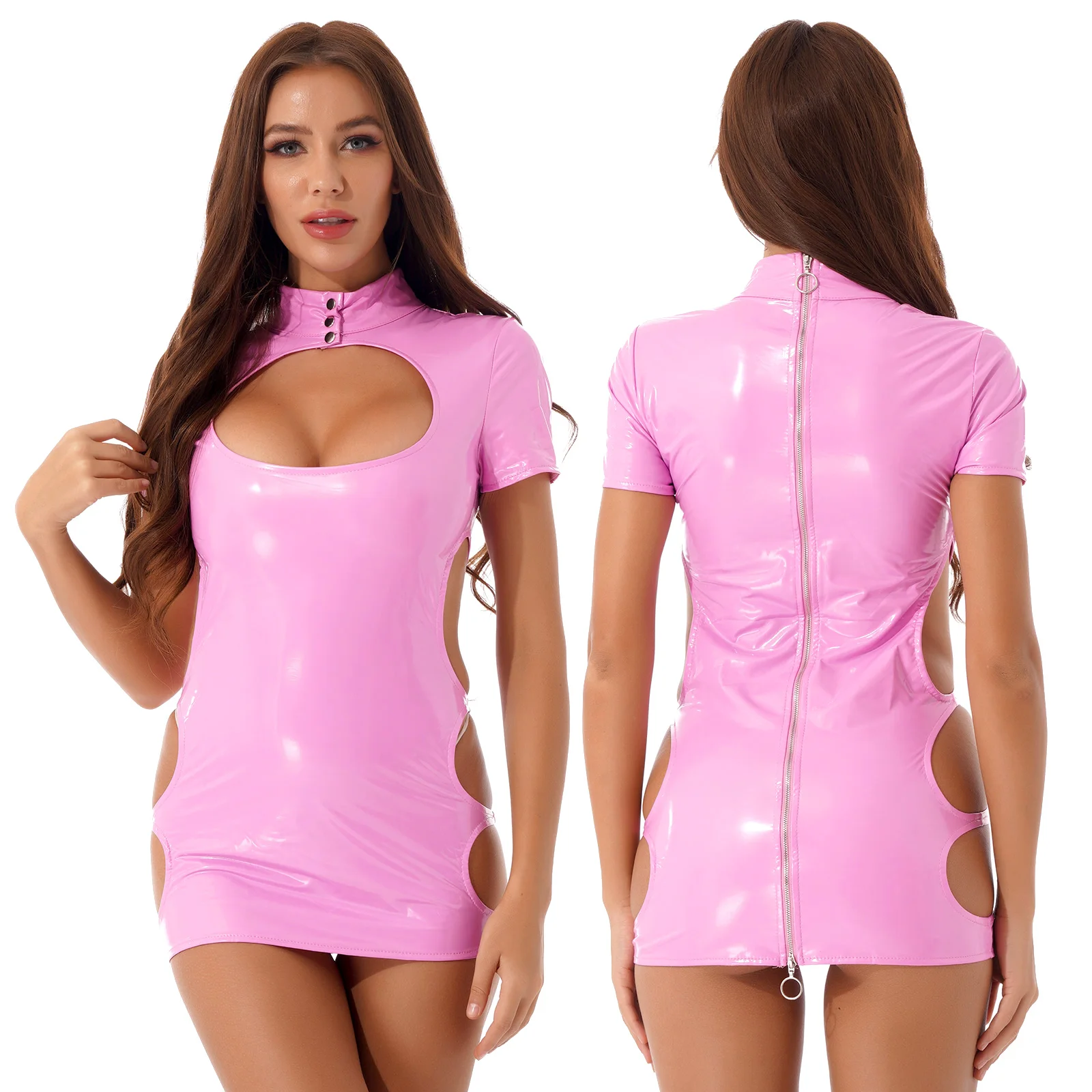 Minivestido Sexy De Mujer Con Efecto Mojado, De Cuero, Con Escote Descubierto De Latex Y Pvc Manga Corta Y Cremallera En La Espalda Para Cocteles Y Discotecas