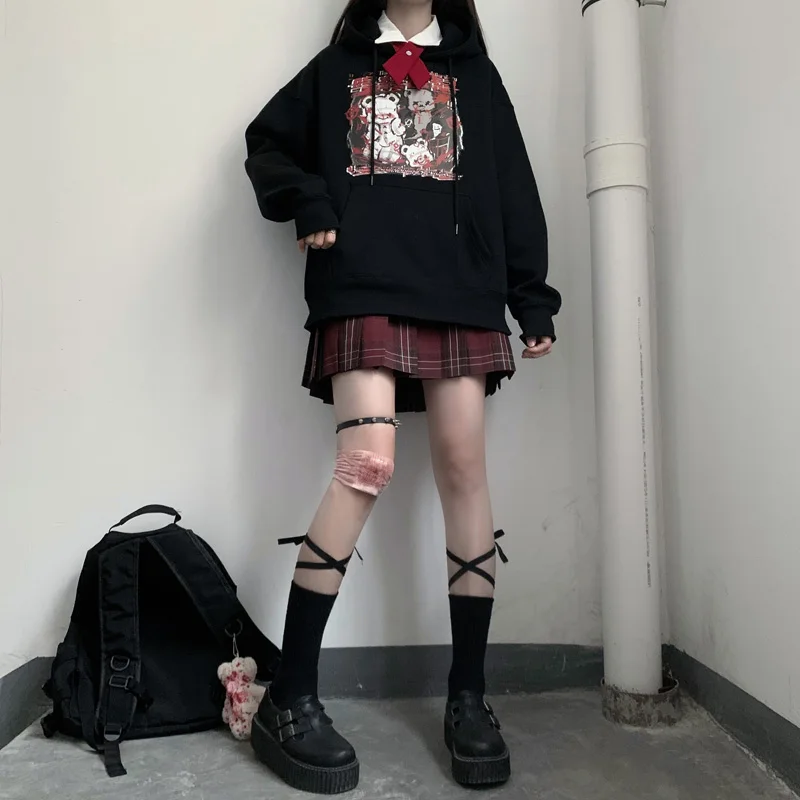худи Women Loose Black Anime Print Hoodie Long Sleeve Top Punk Vintage Dropshipping Harajuku Japanese Gothic Pullover Sweatshirt