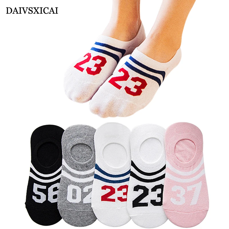 5 пара/лот = 10 штук летние модные носки с буквами Хлопковые женские невидимые повседневные цифровые женские носки