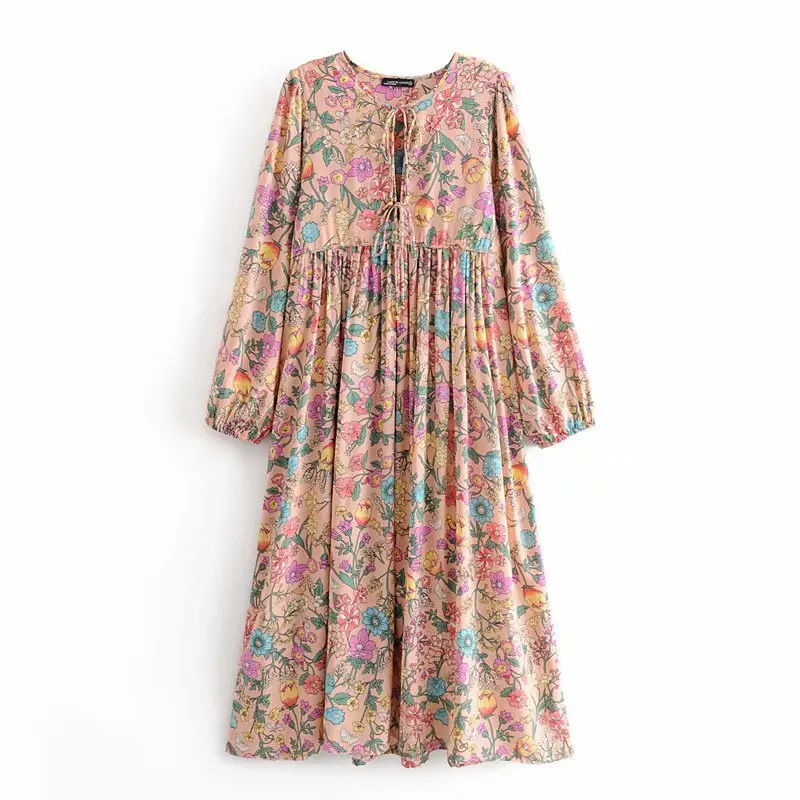 

QZ839 Women Bohemia Pink Color Floral Print Long Sleeve Bohemia Dress Long Vacation Vestidos