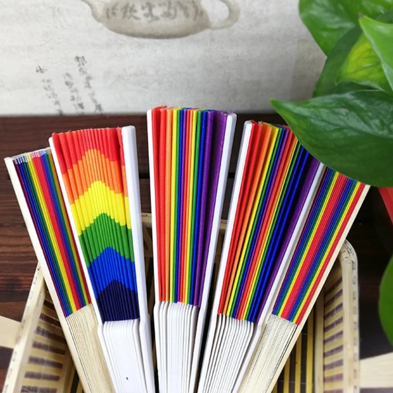 

Hot 21CM/23CM Colorful Unique Rainbow Hand Fan Bamboo Dacron Fan Natural Bright Color Home DIY Party Decoration
