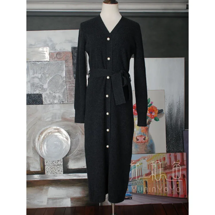 YUNINYOYO French elegant pearl button extra long lace up wool and cashmere blend women autumn winter long cardigan ~ excellent YUNINYOYO French elegant pearl button extra long lace up wool and cashmere blend women autumn winter long cardigan ~ excellent