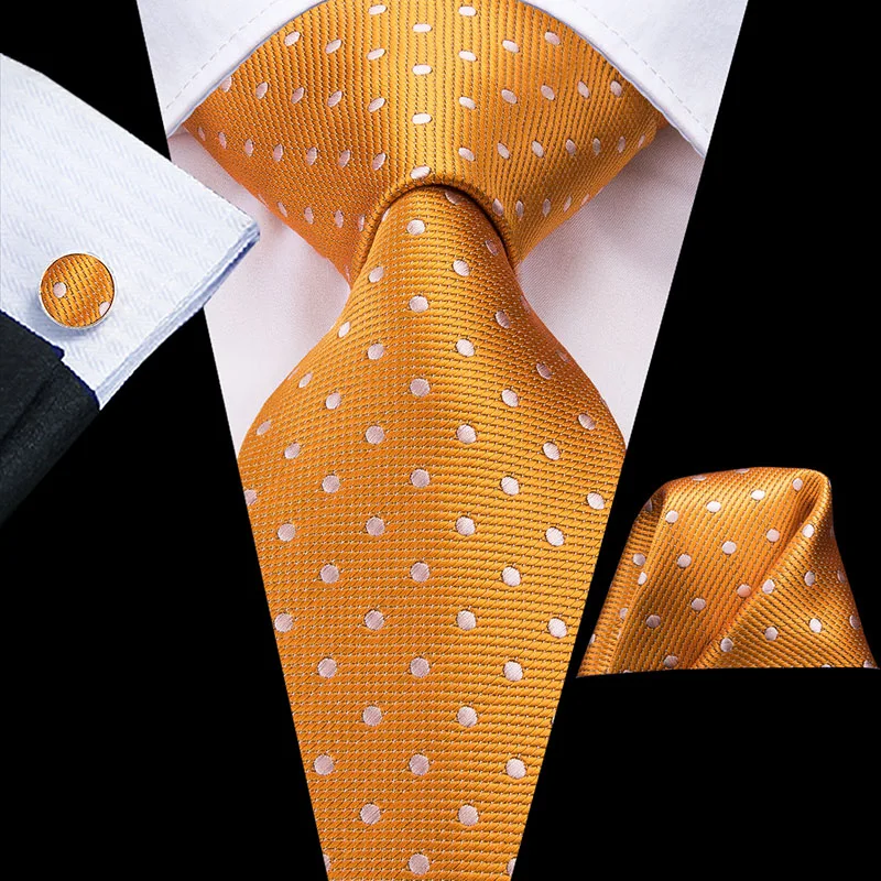 Hi-Tie Orange Men's Tie 8.5cm Silk Ties For Men Hanky and Cufflinks Set Gold Luxury Flower Classic Party Wedding Necktie