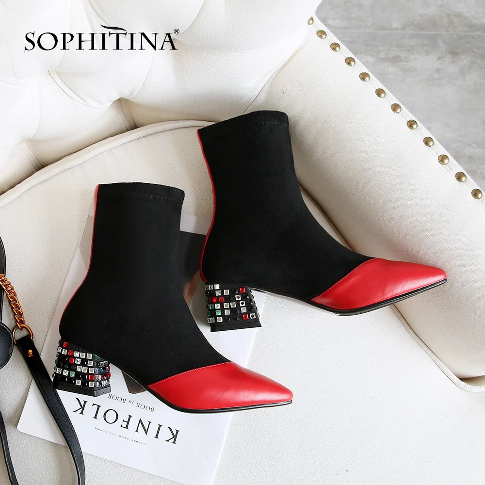 

SOPHITINA Sexy Pointed Toe Boots Fashion Slip-on Comfortable Square Heel Mixed Colors Shoes Hot Sale Women's Ankle Boots MO104