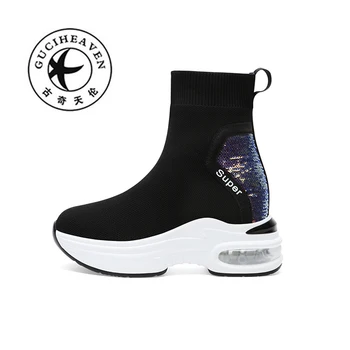 

2020 NEW Sequin ankle boots for women air cushion platform socks shoes Set of shoes high top elastic Increase boots