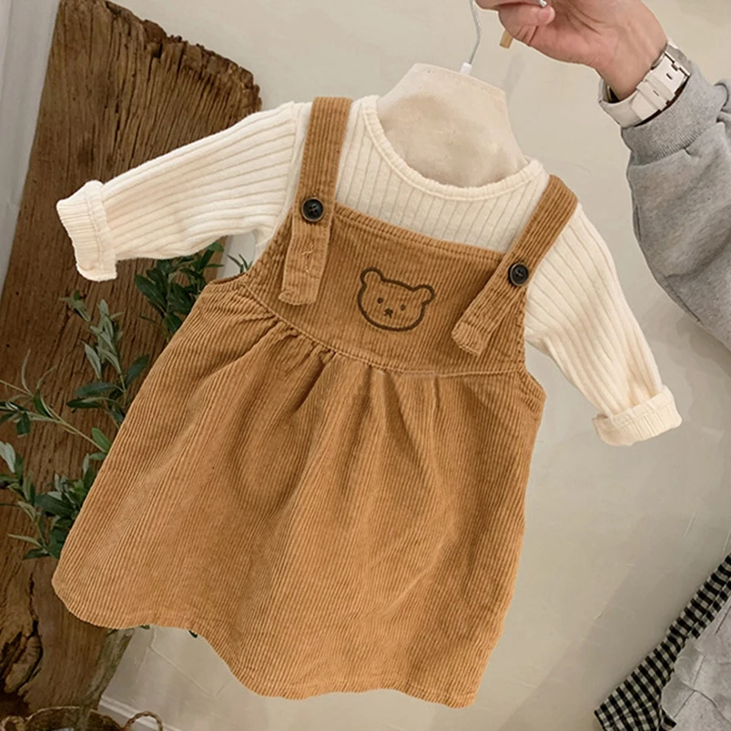 Winter Baby Girls Dress Cute Bear Priting Suspender Kids Dresses For