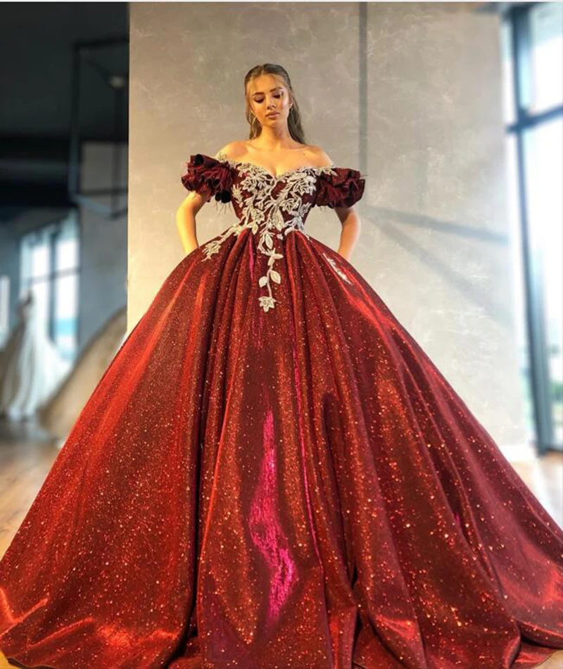 

Long Burgundy Evening Dresses 2019 Puffy Ball Gown Cap Sleeve Dubai Arabic Lebanon Women Formal Evening Gowns Abendkleider