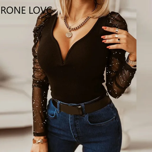 Blusa básica mangas abullonadas brillantes para mujer, blusa larga con cuello en profundo, Tops de punto negros|Blusa| - AliExpress