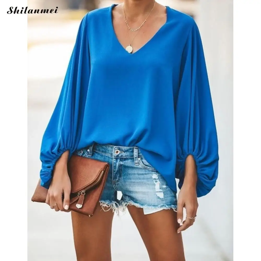 Блузки размера плюс с рукавом-фонариком, женские блузы с длинным рукавом и v-образным вырезом, блузы больших размеров d, рубашки, Осенние повседневные свободные модные блузки Mujer - Цвет: blue