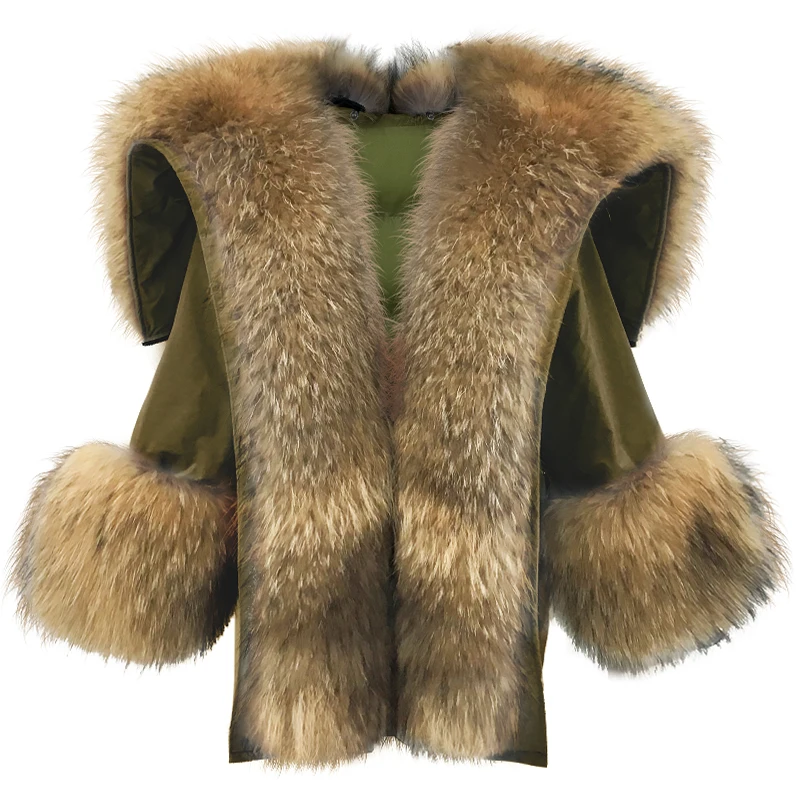 

rf1941 Luxury Women's Real Fur Parka Down Lining Removable High Street Super Big Fur Collar Natural Fur Coat Winter Jacket