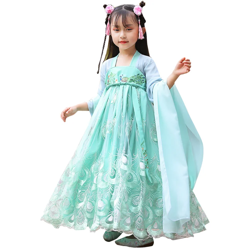 Детские традиционные платья Hanfu с рисунком павлиньих перьев; летние тонкие костюмы с вышивкой для девочек; одежда для детей; ZL12