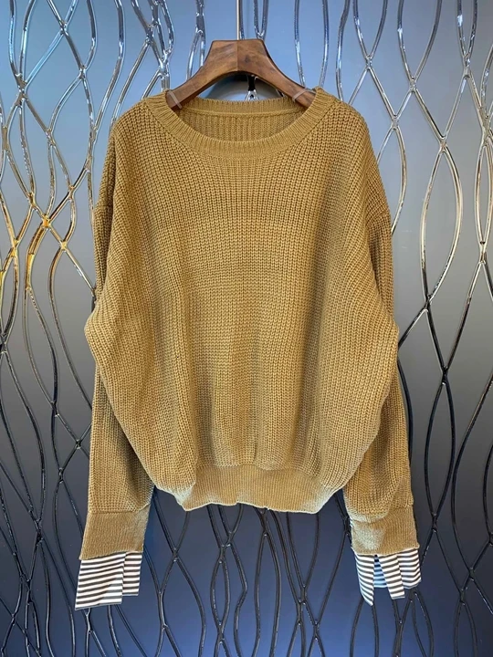 Early Autumn New Woman's Round Neck Back Colour Splicing Decoration Long Sleeve Loose Sweater Knitted Shirt 921