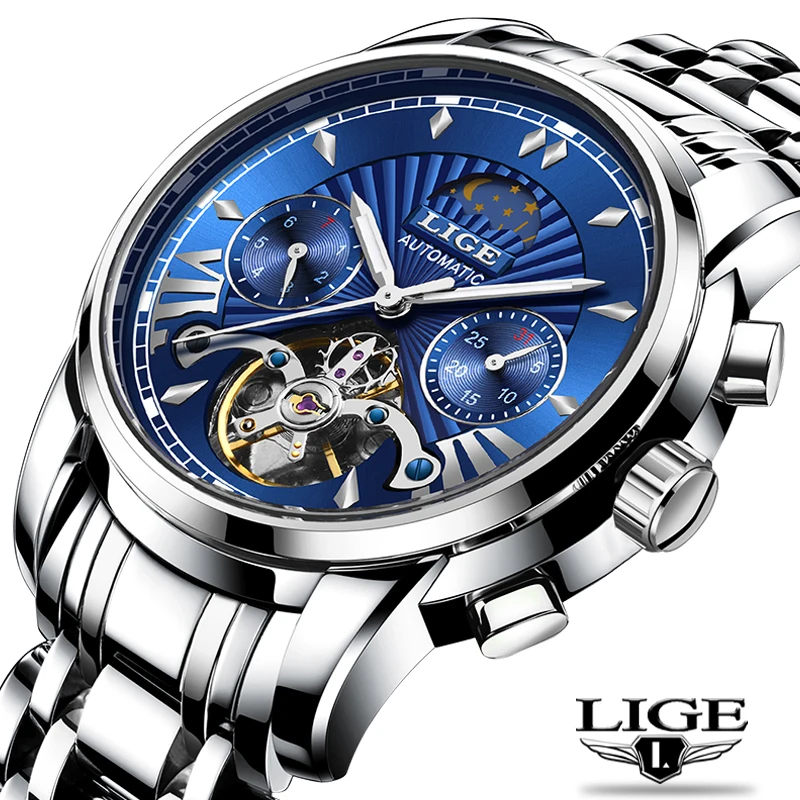 

LIGE Mens Watches Top Brand Luxury Automatic Mechanical Moon Phase Watch Men Stainless Steel Waterproof Week Display Wrist Watch