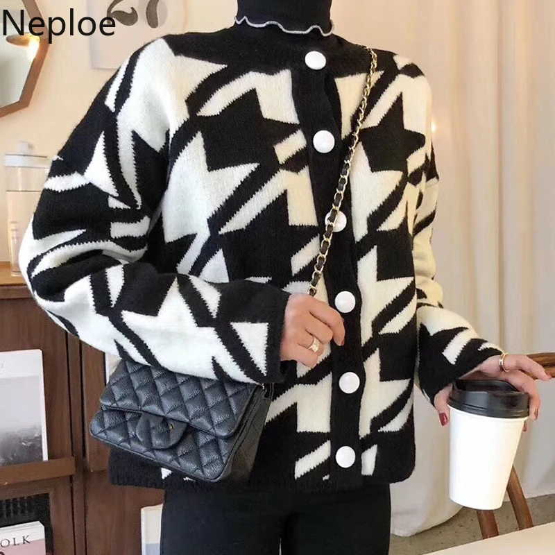 Neploe, шикарный кардиган с круглым вырезом и клетчатой вставкой, свитер контрастного цвета с геометрическим узором, тонкое женское пальто, осень 47706