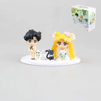 

6CM Anime Sailor Moon Figures Tsukino Chiba Mamoru wedding scene with cats Cake decoration Model toys Gift For Kids