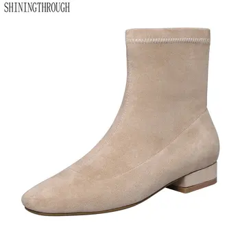 

2020 Women Ankle Boots Flock Winter Boots Women Shoes Square Low Heel Solid Women Motorcycle Boots Big Size 34-39