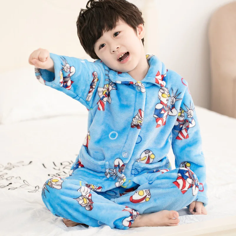 Sky Blue 02 Pajamas Теплая зимняя Пижама; Фланелевая Пижама для детей; комплект для маленьких мальчиков и девочек; детские пижамы с рисунком; пижамы для младенцев - Цвет: Sky Blue 02 Pajamas