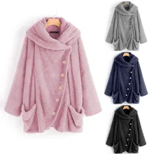 Зимний женский плащ размера плюс L, пальто на пуговицах, пушистые топы, водолазка с большими карманами, пуловер с капюшоном, более размера, пальто, теплая верхняя одежда 8,23