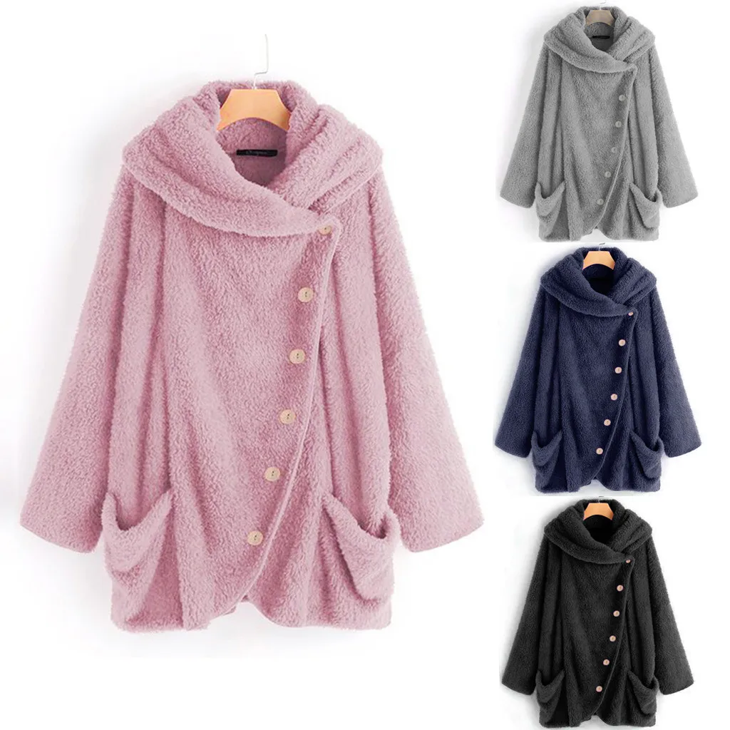 

Plus Size L Winter Women Cloak Button Coat Fluffy Tops Turtleneck Big Pockets Hooded Pullover Oversize Coats Warm Outwear 8.23