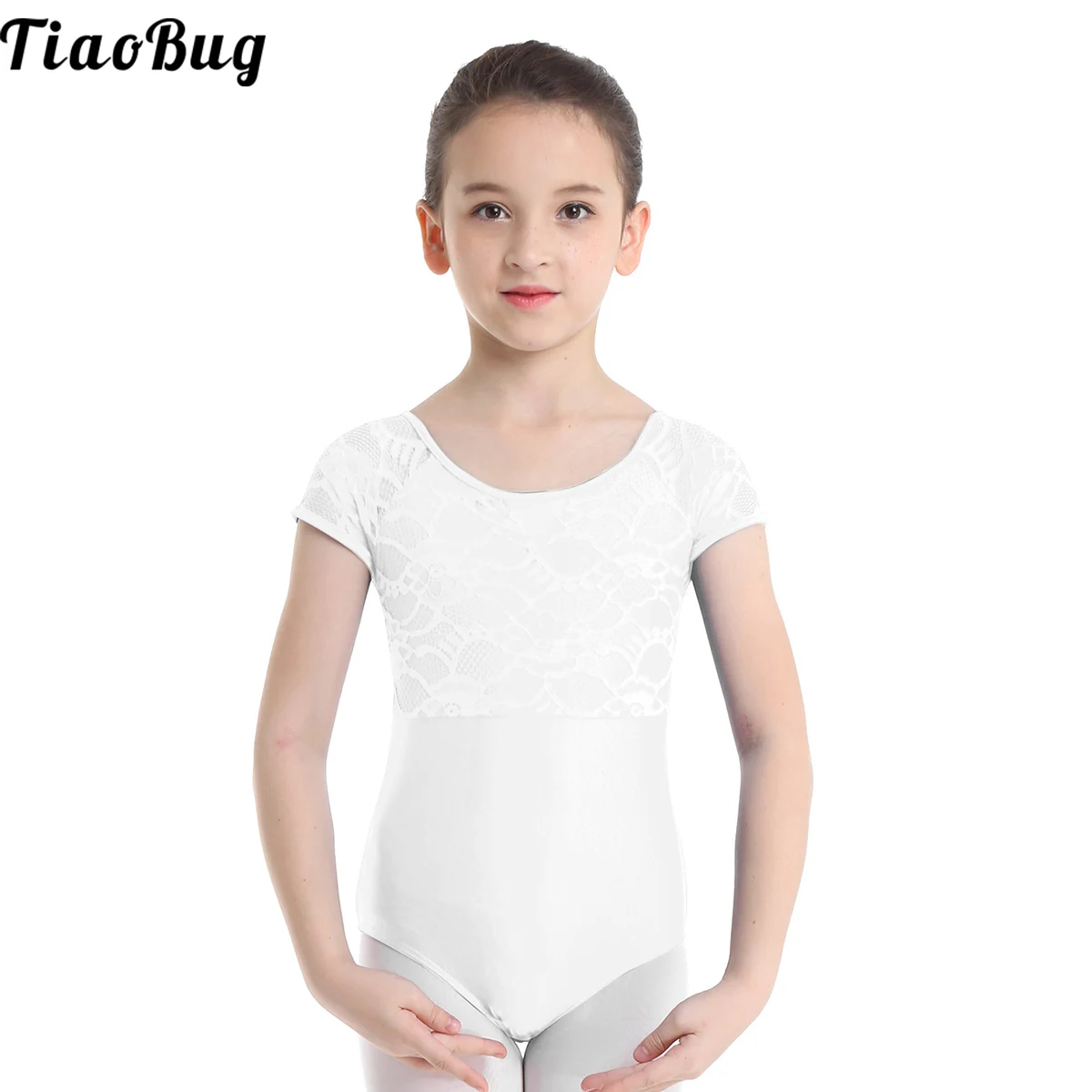 

TiaoBug Summer Kids Girls Short Sleeves Floral Lace Bowtie Shaped Back Sport Ballet Dance Gymnastics Leotard Jumpsuit Bodysuit