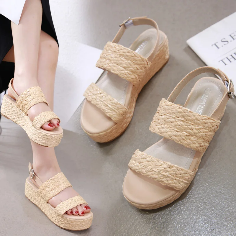 

2019 Summer Female Sandal Open Toe Beige Heeled Sandals Espadrilles Platform All-Match Clogs Wedge Straw Shoes Women High Heels