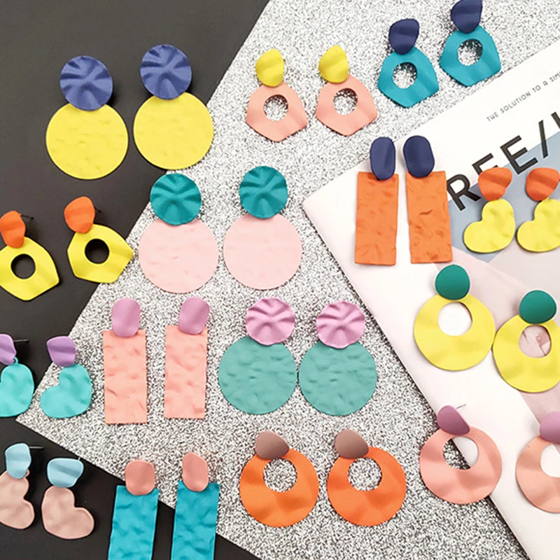 

Women Geometric Candy Color Hollow Out Irregular Frosted Contrast Color Sweet Temperament Exaggerated Dangle Earrings