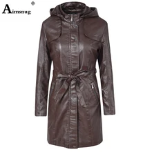 Осенне-зимнее пальто из искусственной кожи, куртка с капюшоном, Женская Модная приталенная длинная куртка с поясом в стиле пэчворк, мотоциклетная туника на молнии, верхняя одежда