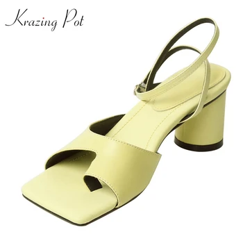 

Krazing pot korean girls fashion full grain leather square toe women summer sandals buckle straps med round heel beauty lady L49