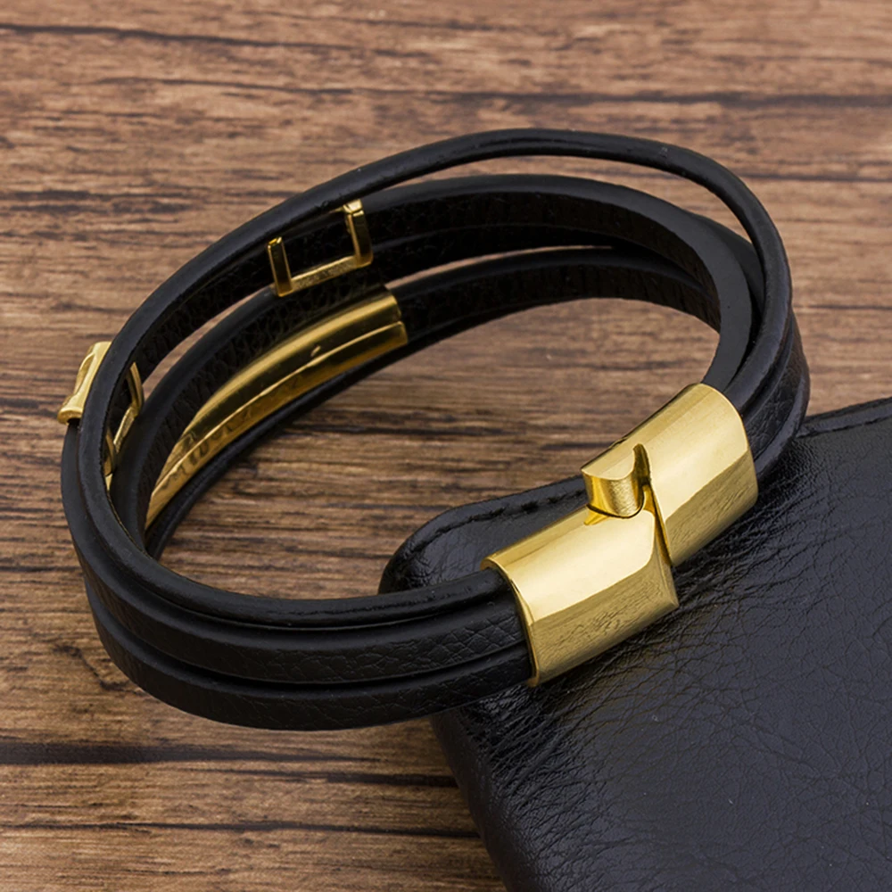 Magnet Stainless Steel Charm Bracelet for Men Genuine Leather Multilayer Braided - Image 3