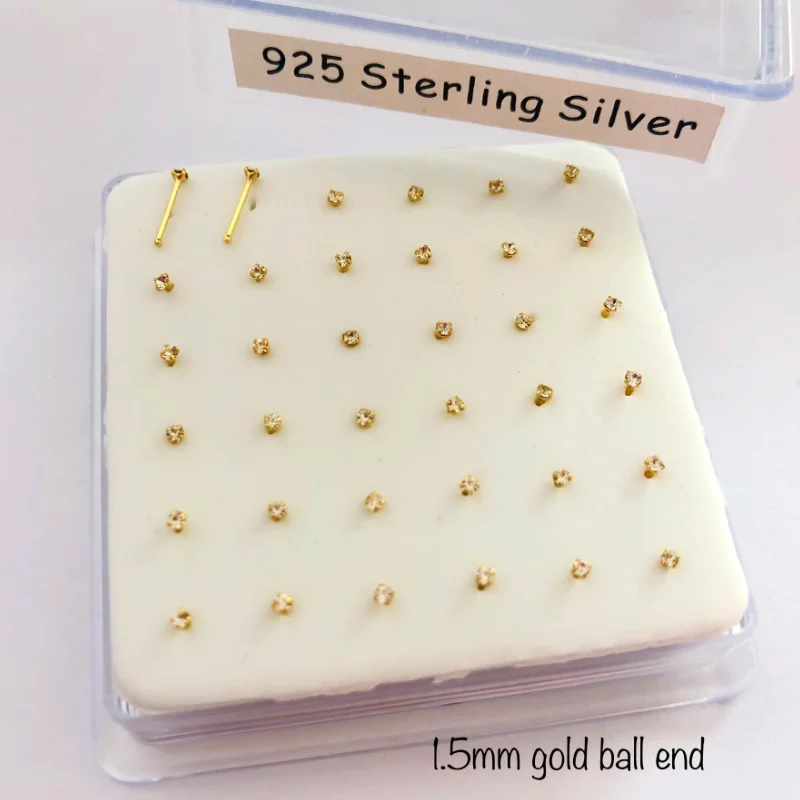 1.5mm clear crystal 925 sterling silver nose stud straight fashion women pircing delicate nose piercing jewelry 36pcs/pack