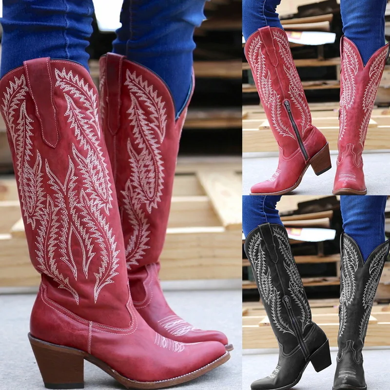 Женские ботинки; классические ковбойские ботинки с вышивкой в ковбойском стиле; женские кожаные женские ковбойские ботинки; обувь на низком каблуке; женские сапоги до колена