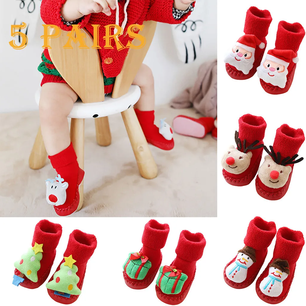 5 пар зимних носков милые носки рождественские носки-тапочки для малышей Детские носки нескользящая обувь для малышей W1118