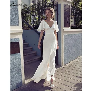 

2020 Bohemian V Neck Wedding Dresses Front Split Backless Bridal Dress Floor Length Wedding Dresses Custom vestido de novia