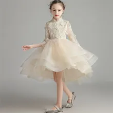 Элегантные Вышитые кружевные цветы с стоячим воротником для маленьких детей; платье для дня рождения и свадьбы; Детские костюмы; платье со шлейфом