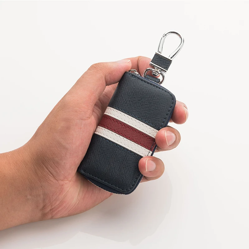 

Leather luxury men's striped zipper bag ladies fashion car key bag universal designer custom key protector new rfid