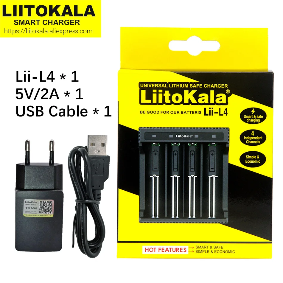 Умное устройство для зарядки никель-металлогидридных аккумуляторов от компании LiitoKala: Lii-L4 18650 Перезаряжаемые зарядное устройство 4 Слот 2 слота для 10440 18490 16340 26650 21700 18650 батареи+ 5V plug