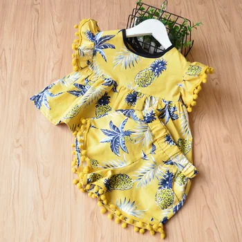 

PatPat 2020 New Summer 2-piece Baby Toddler Girl Stylish Pineapple Print Pompon Top and Shorts Set