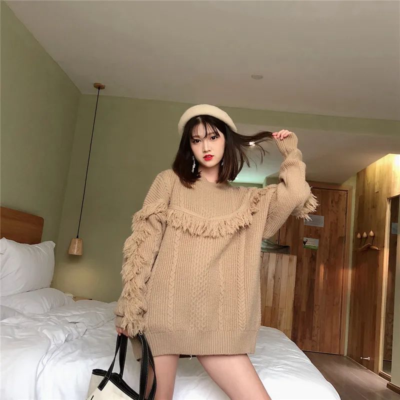 

Tassels must be a pullover sweater female 2019 early autumn and winter new loose lazy wind Korean fashion sweater set bottoming