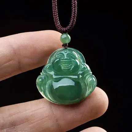 Natural Myanmar Emerald A Grade Ice Bottom Green Buddha Pendant Necklace Women Friends Gift Sweater Chain