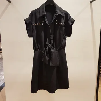 

Women Dress 2019 Fall/Winter New Studded Short Sleeve Casual Lace Up Mini Dresses