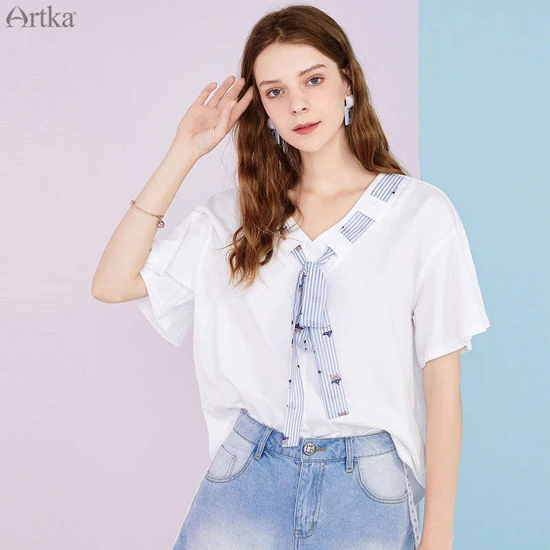 

ARTKA 2020 Summer New Women T-shirt Fashion Bow Ribbon V-Neck T-shirts Loose Pure Cotton Short Sleeve White T-shirt TA25309X