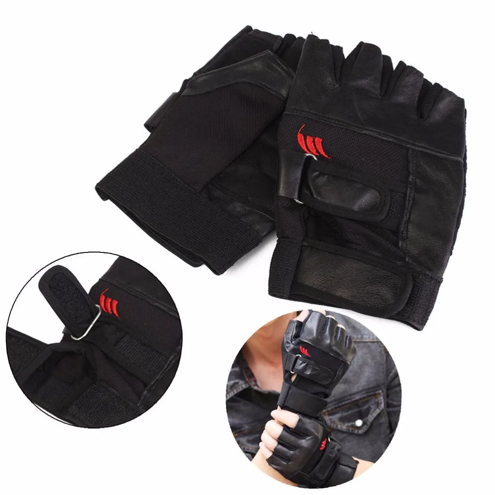 1pair Men Black PU Leather Weight Lifting Gym Gloves Workout Wrist Wrap Sports Exercise Training Fitness