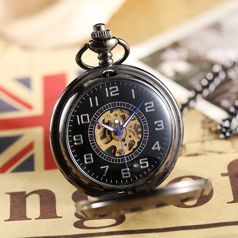 Top Luxury Steampunk Black Mechanical Pocket Watch With FOB Chain Hand Wind Skeleton Hollow Clock For Men Women Gift Box