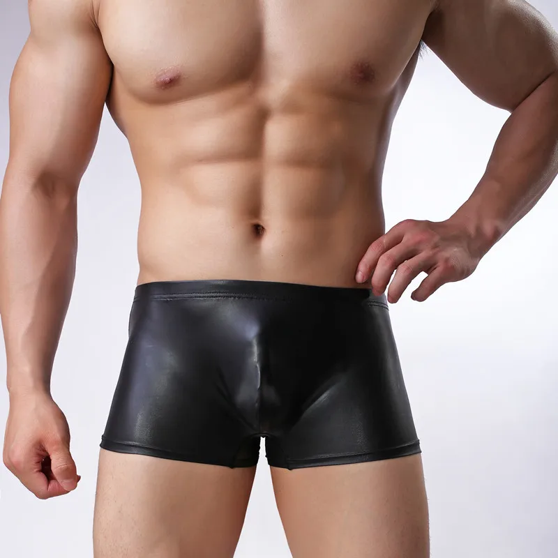 

Men's underwear patent leather boxer shorts European size pants u convex pocket sexy young men's boxer shorts