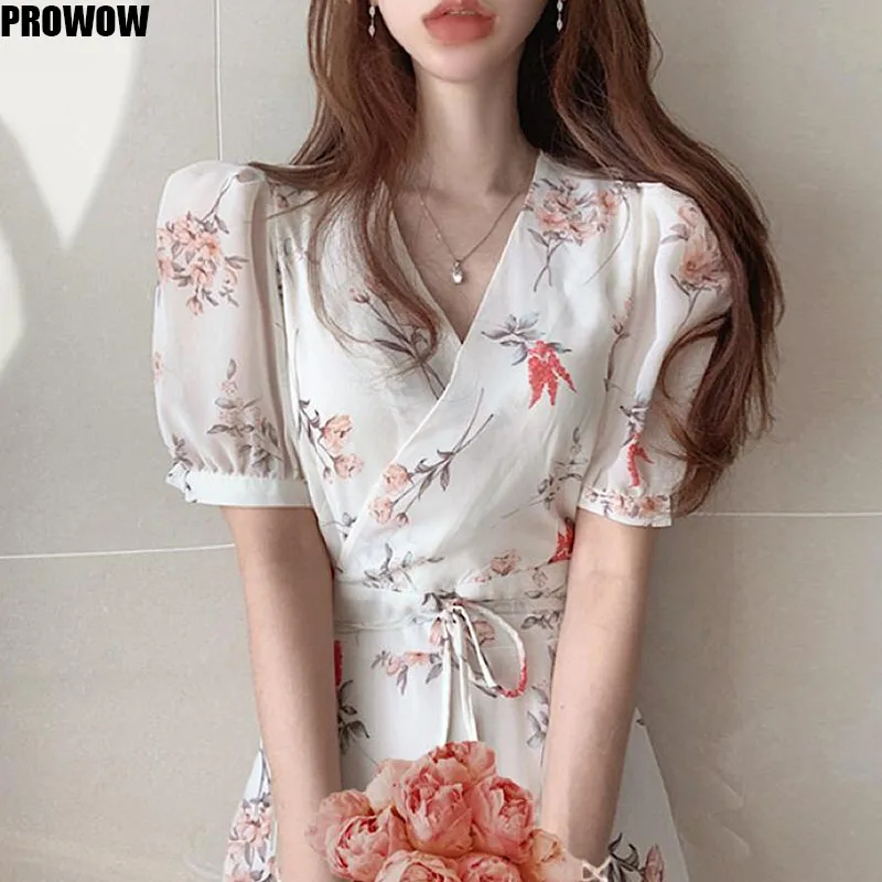 2020 Summer Chiffon Floral Dress Korean Women White Beach Bohemian Elegant Robe V Neck Dresses Femme