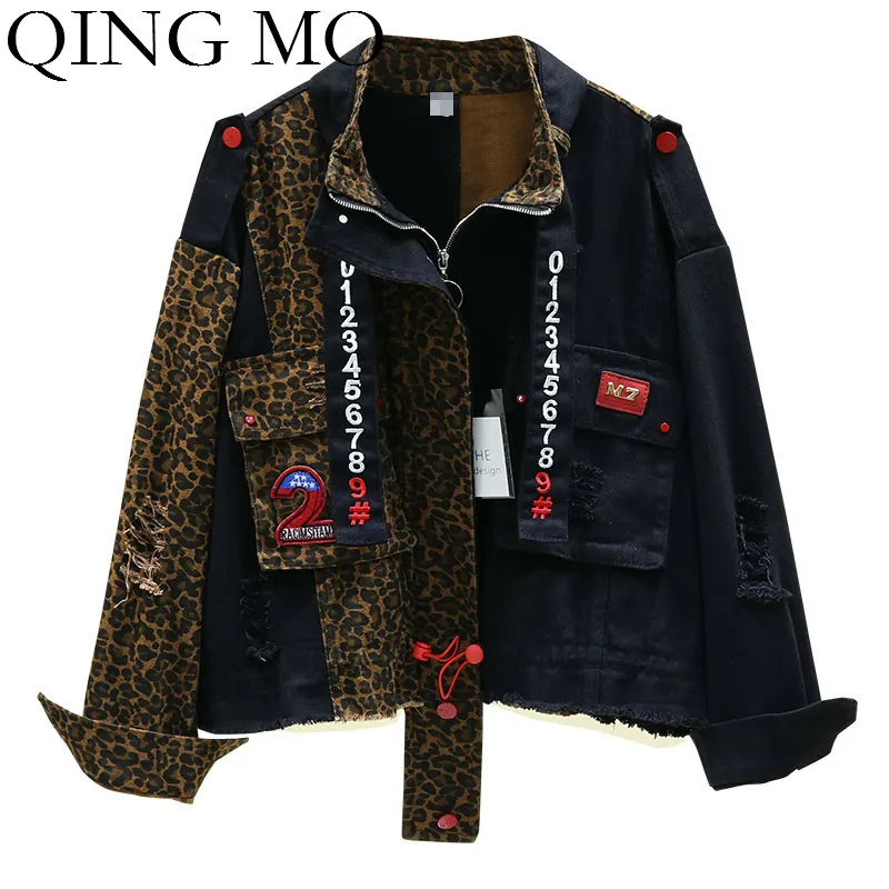 QING MO Осенняя женская джинсовая куртка 2019 Женская леопардовая с блестками плюс