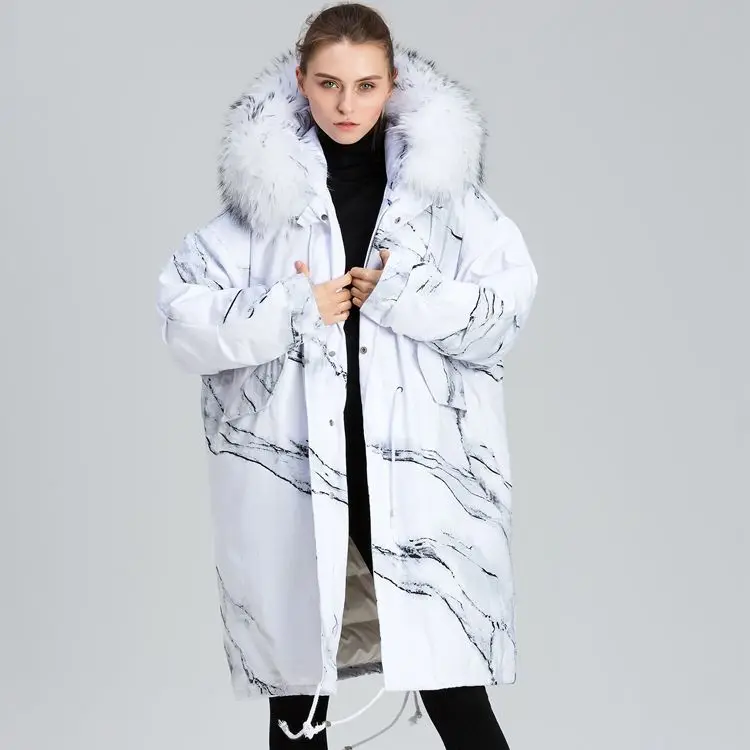 Ink painting design new personality loose raccoon white collars in the long winter coats for women