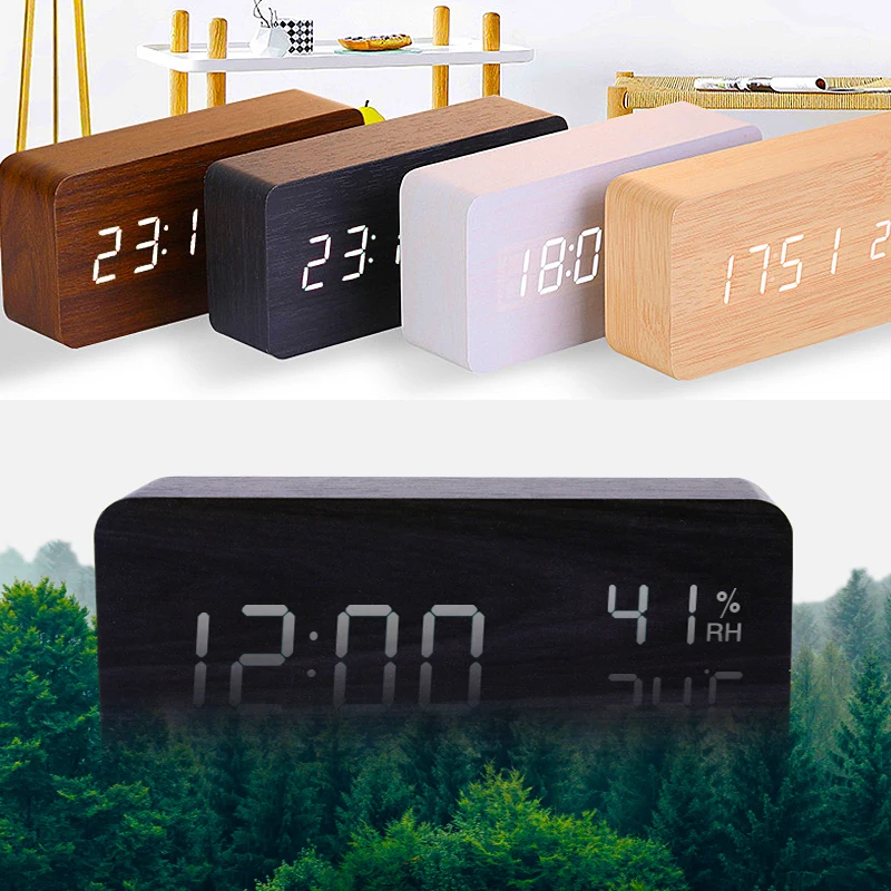 

USB/AAA Powered LED Digital Clock Wooden Alarm Clock Table Clock Voice Control Electronic Clock Desktop Decor часы настольные✈✈✈