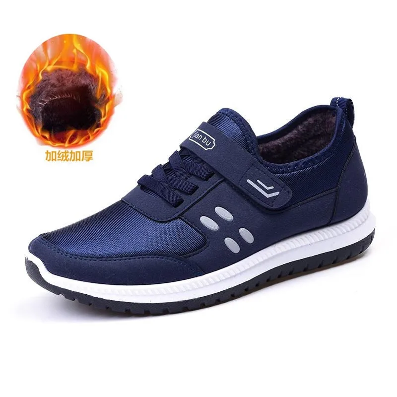 Men blue 1 Женские зимние плюшевые теплые кроссовки; женская Вулканизированная обувь на шнуровке с застежкой-липучкой; повседневная обувь на плоской подошве с мягкой сеткой для мам - Цвет: Men blue 1