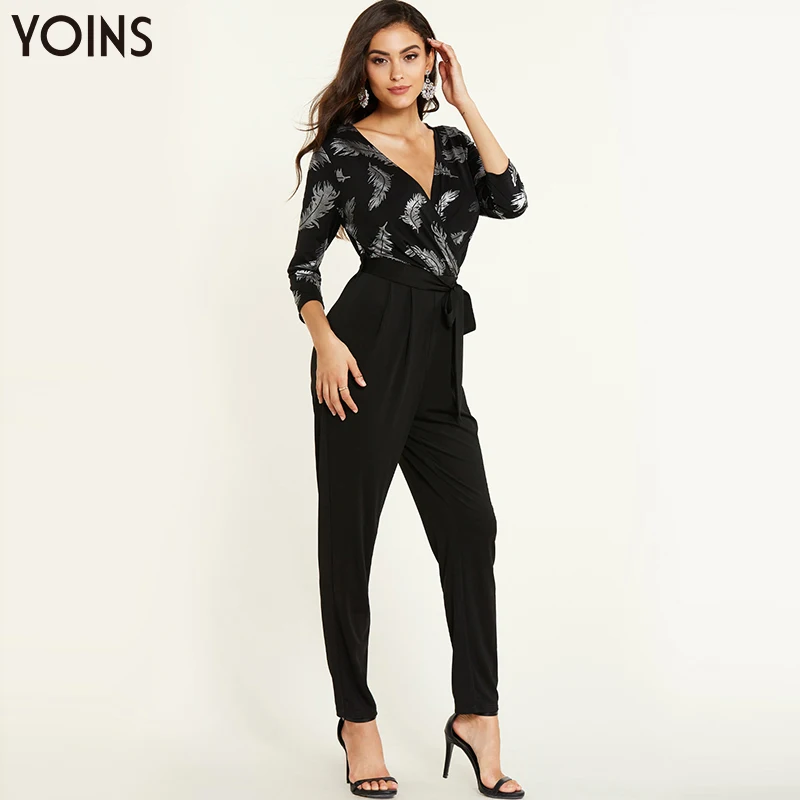 YOINS Spring Autumn Women Sexy Deep V Neck Crossed Front Tie-up Jumpsuit Female Elegant Office Trousers Outfits Femme Black